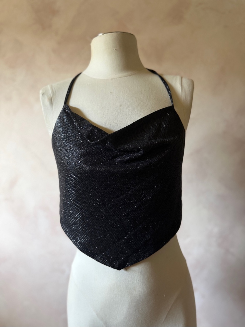 Black Shimmery Cowl Neck Halter Crop Top